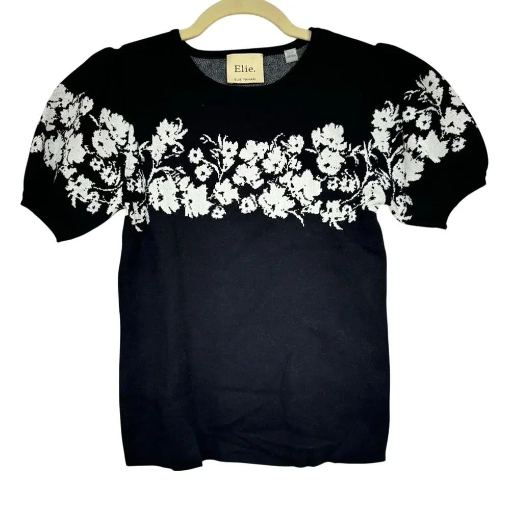 Elie Tahari Black White Floral Puff Sleeve Sweater Womens XS Preppy Fall Girly